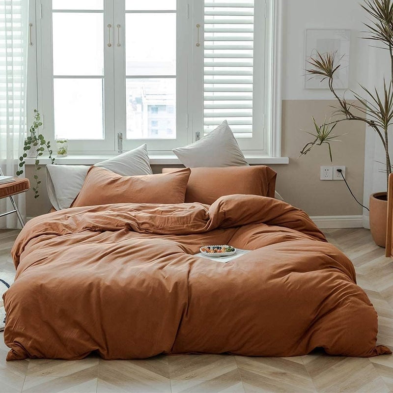 AMWAN Jersey Knit Cotton Duvet Cover Set Solid Pumpkin Color  Luxury Soft Comforter Cover Queen Size 3 Piece Bedding Set 1 Duvet Cover 2 Pillowcases Set - Image 1